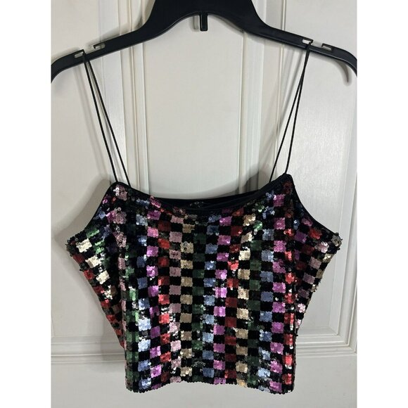 FORE NEW Celeste Checked Colorful Sequin Crop Top Size Large Women’s - Picture 3 of 9